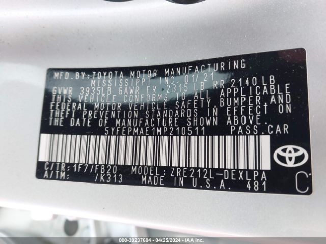 5YFEPMAE1MP210511 Toyota COROLLA LE