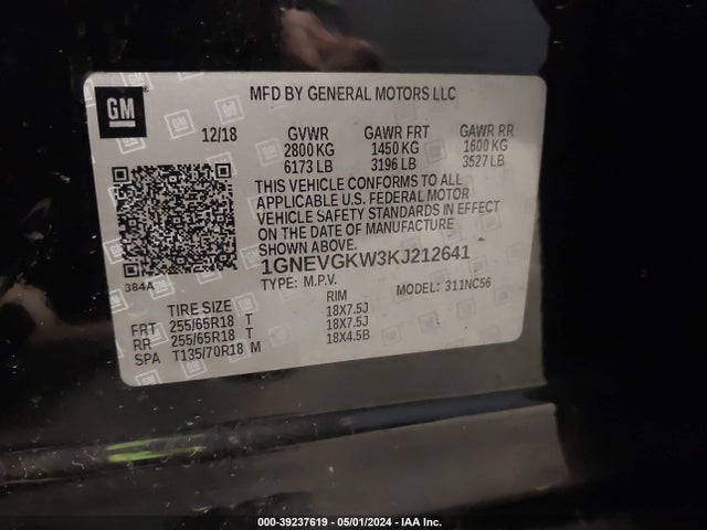 Chevrolet Traverse 1lt 2019 1GNEVGKW3KJ212641 Image 9