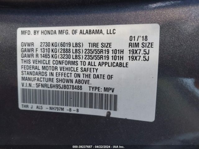 5FNRL6H95JB078488 Honda Odyssey Elite