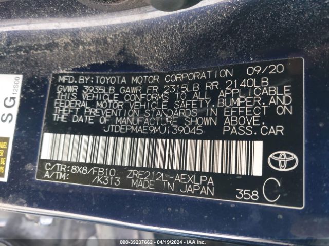 JTDEPMAE9MJ139045 Toyota COROLLA LE