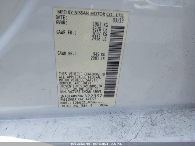Nissan Altima 2.5 S 2019 1N4BL4BV2KN322392 Image 9