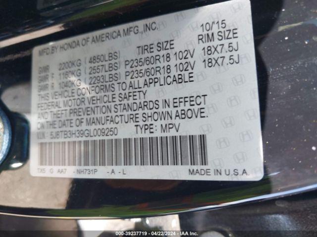 5J8TB3H39GL009250 Acura Rdx Acurawatch Plus Pkg