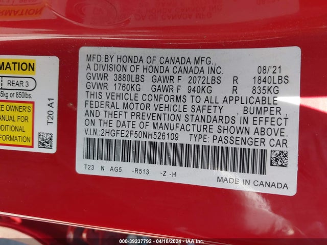 Honda Civic Sport 2022 2HGFE2F50NH526109 Image 9