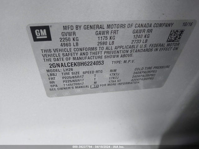 Chevrolet EQUINOX LT 2017 2GNALCEK8H6224053 Image 9
