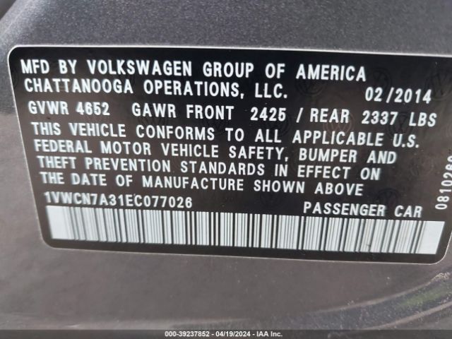 1VWCN7A31EC077026 Volkswagen Passat 2.0l Tdi Sel Premium