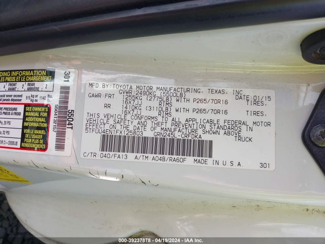 Toyota Tacoma Base V6 2015 5TFUU4EN1FX125803 Image 9