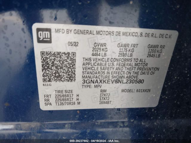 3GNAXKEV6NL230580 Chevrolet Equinox Fwd Lt