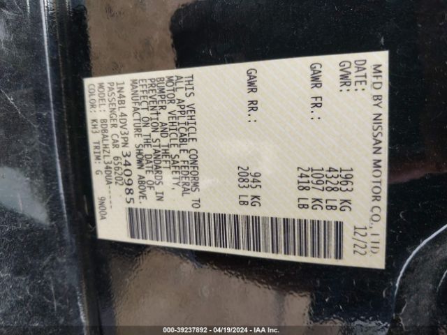 1N4BL4DV3PN340985 Nissan Altima Sv Fwd