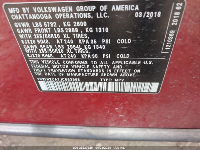 1V2FR2CA7JC563965 Volkswagen Atlas 3.6l V6 Se W/technology