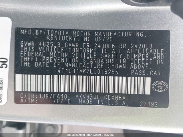 Toyota Camry Le Hybrid 2020 4T1C31AK7LU018255 Image 9