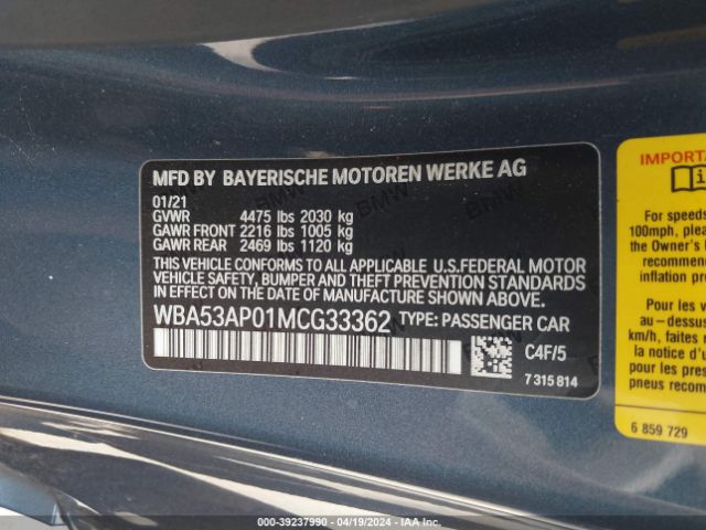 WBA53AP01MCG33362 BMW 430I