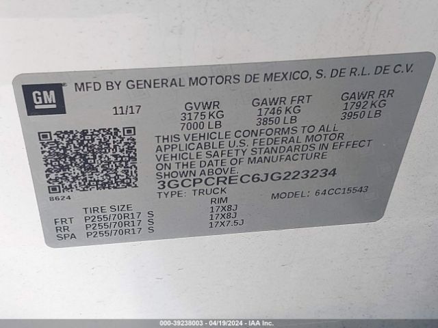 3GCPCREC6JG223234 Chevrolet Silverado 1500 1lt