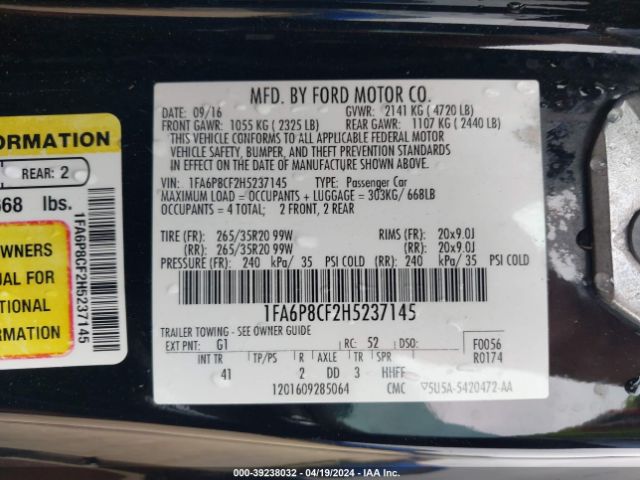 1FA6P8CF2H5237145 Ford Mustang Gt Premium