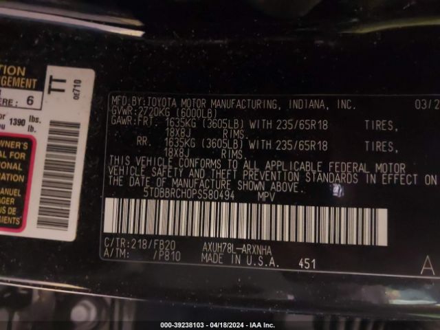 5TDBBRCH0PS580494 Toyota Highlander Hybrid Le