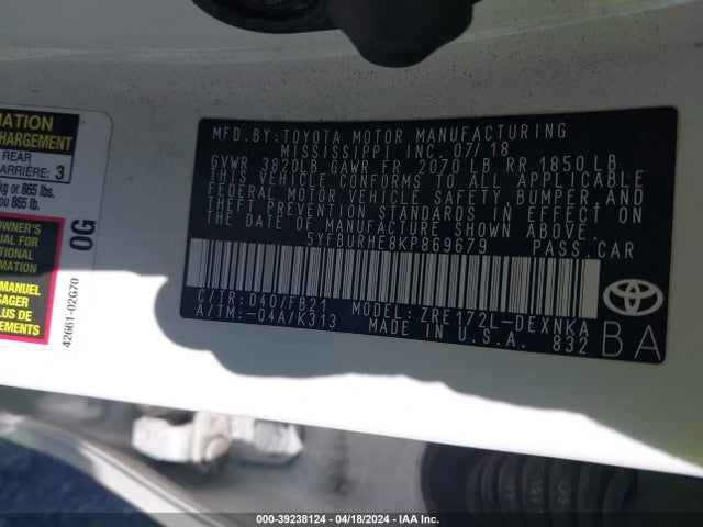 Toyota COROLLA LE 2019 5YFBURHE8KP869679 Image 9