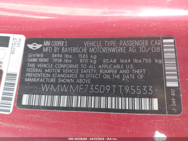 2009 MINI COOPER S WMWMF73509TT95533 Photo 8