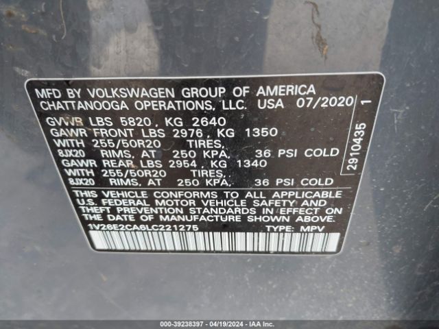 1V26E2CA6LC221275 Volkswagen Atlas Cross Sport 3.6l V6 Se W/technology/3.6l V6 Se W/technology R-line