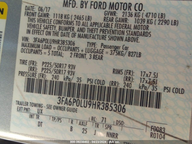 Ford Fusion Hybrid Se 2017 3FA6P0LU9HR385306 Image 9