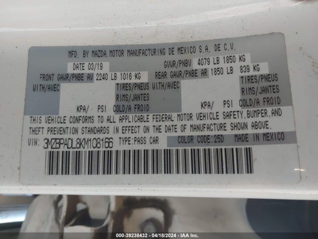 3MZBPADL8KM108166 Mazda Mazda3 Preferred Package