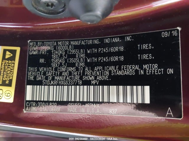 Toyota Highlander Xle V6 2016 5TDJKRFHXGS337718 Image 9
