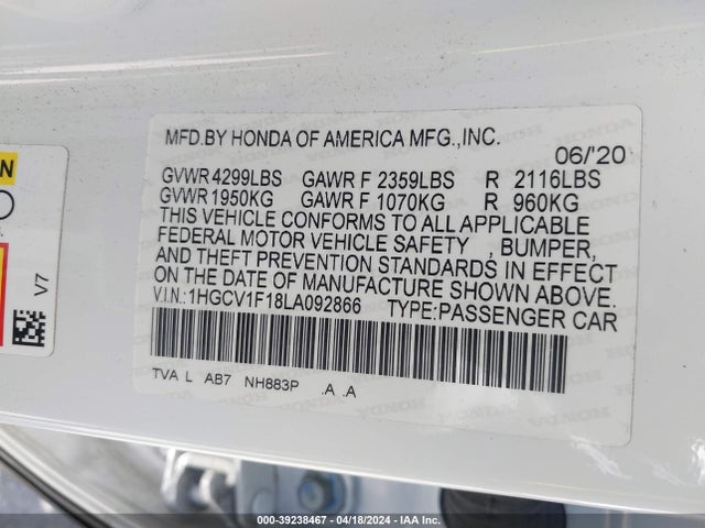 Honda ACCORD LX 2020 1HGCV1F18LA092866 Image 9