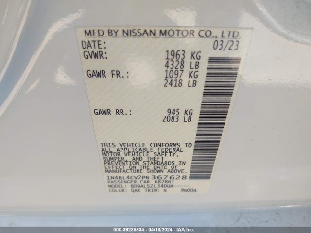 Nissan Altima Sr Fwd 2023 1N4BL4CV2PN367628 Image 9