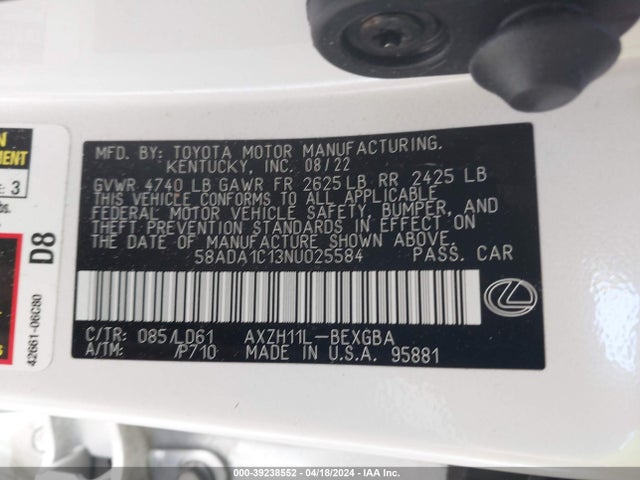 Lexus ES 300H 2022 58ADA1C13NU025584 Image 9