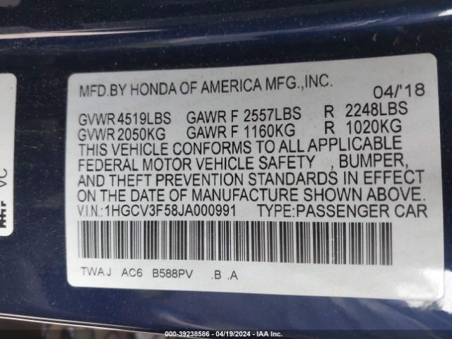 1HGCV3F58JA000991 Honda Accord Hybrid Ex-l