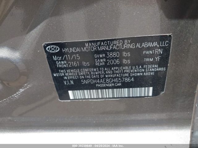 5NPDH4AE8GH657864 Hyundai Elantra Limited