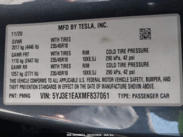 5YJ3E1EAXMF837061 Tesla Model 3 Standard Range Plus Rear-wheel Drive