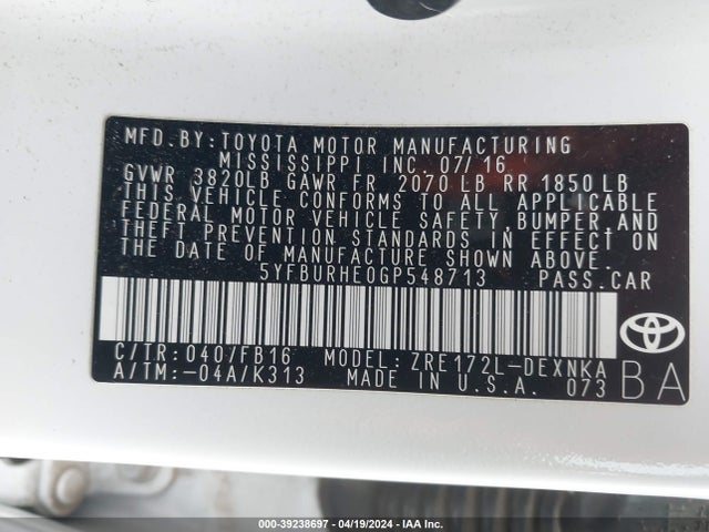 Toyota COROLLA LE 2016 5YFBURHE0GP548713 Image 9