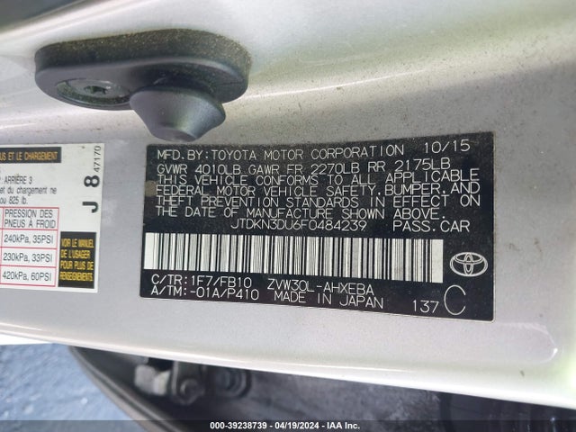 Toyota Prius Two 2015 JTDKN3DU6F0484239 Image 9
