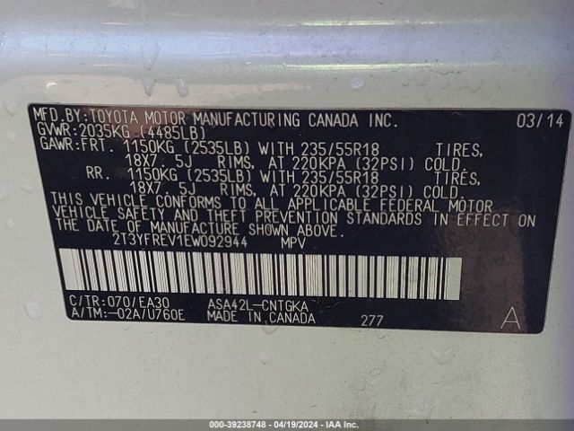 2T3YFREV1EW092944 Toyota Rav4 Limited