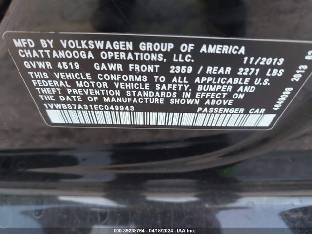 1VWBS7A31EC049943 Volkswagen Passat 1.8t Se