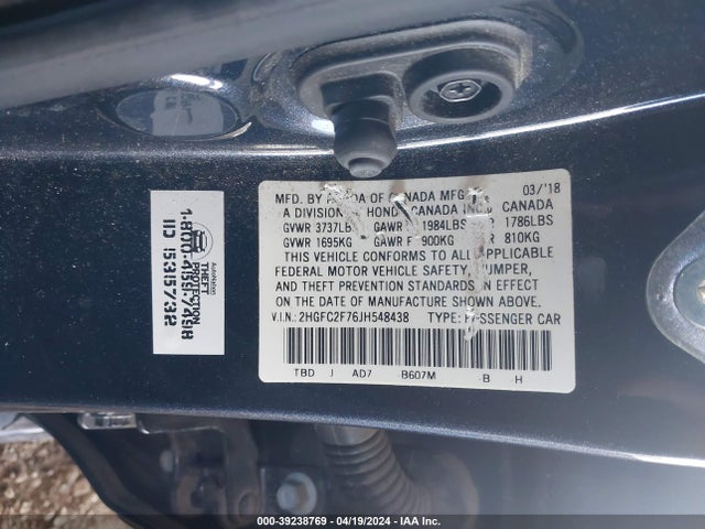 Honda CIVIC EX 2018 2HGFC2F76JH548438 Image 9