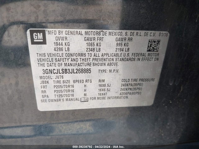Chevrolet Trax Lt 2018 3GNCJLSB3JL268885 Image 9