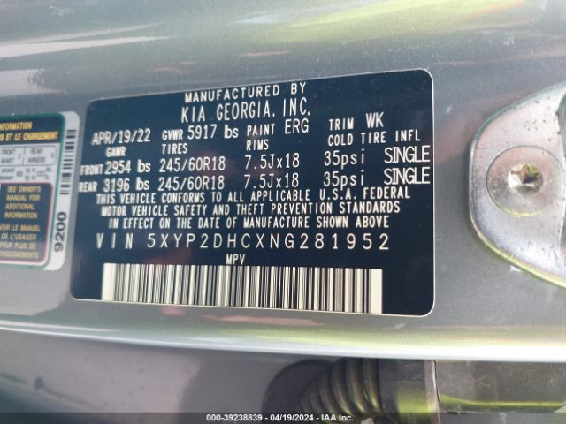 5XYP2DHCXNG281952 KIA Telluride Lx