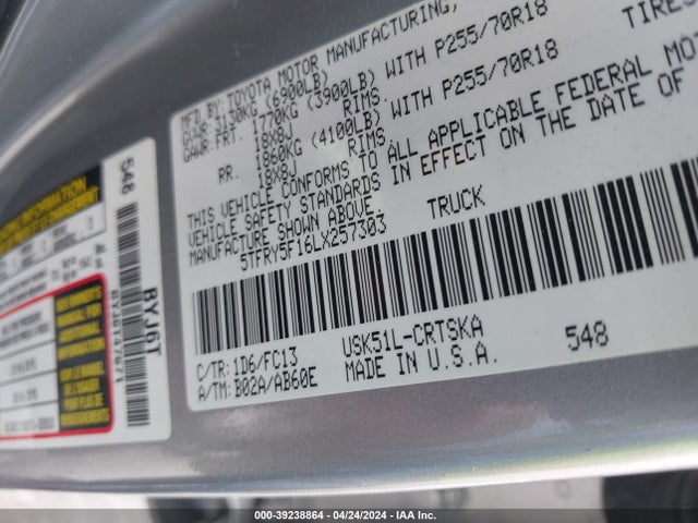 Toyota Tundra Sr5 2020 5TFRY5F16LX257303 Image 9