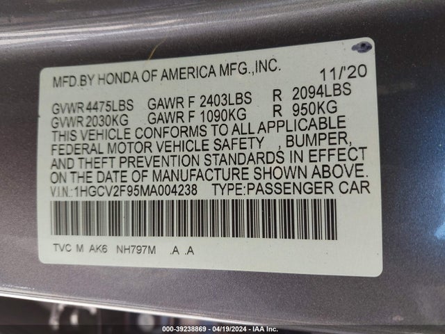 Honda Accord Touring 2021 1HGCV2F95MA004238 Image 9
