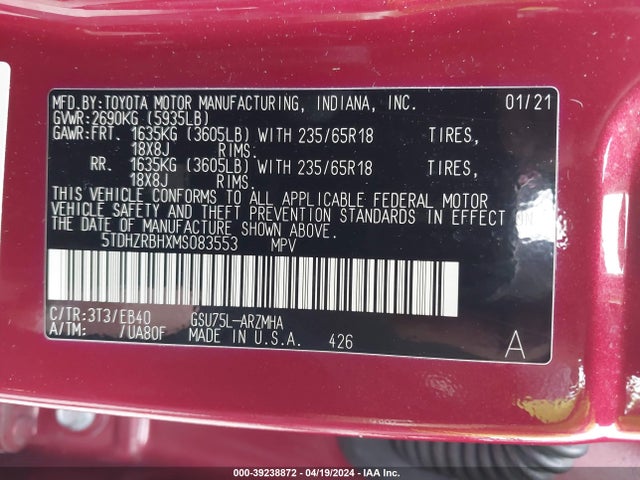 Toyota Highlander Xle 2021 5TDHZRBHXMS083553 Image 9