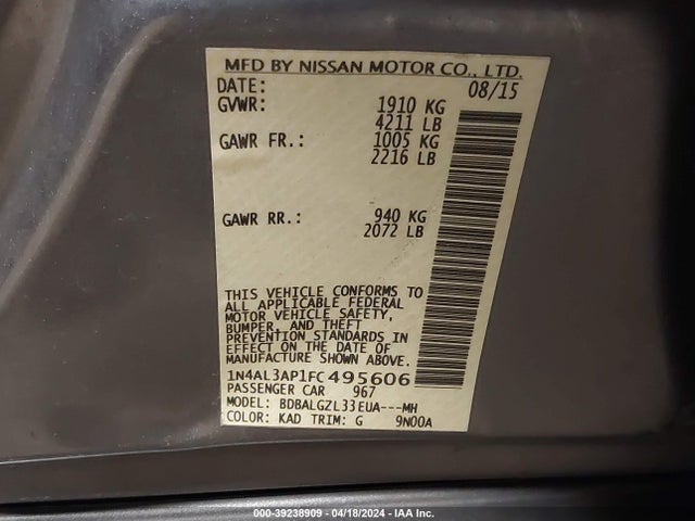 Nissan Altima 2.5 S 2015 1N4AL3AP1FC495606 Image 9