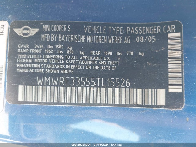 2005 MINI COOPER S WMWRE33555TL15526 Photo 8