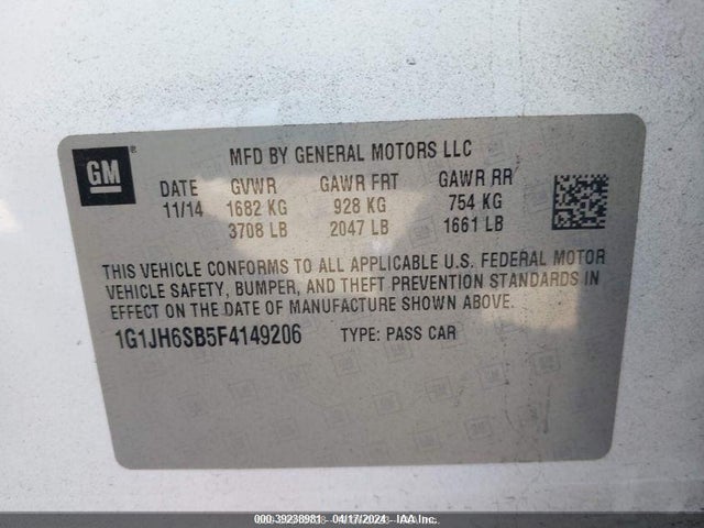 Chevrolet Sonic Rs Manual 2015 1G1JH6SB5F4149206 Image 9