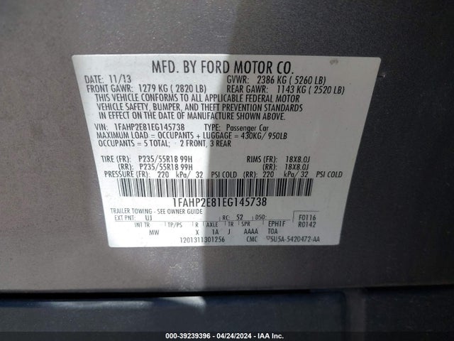 Ford TAURUS SEL 2014 1FAHP2E81EG145738 Image 9