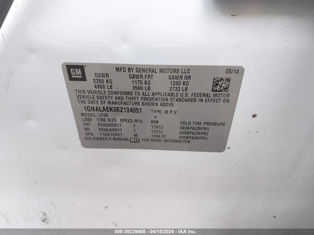 Chevrolet EQUINOX LS 2014 1GNALAEK0EZ134951 Image 9