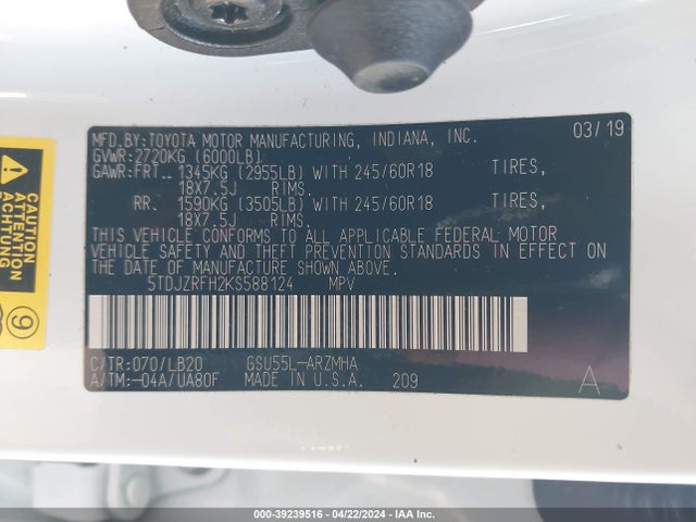 Toyota Highlander Xle 2019 5TDJZRFH2KS588124 Image 9