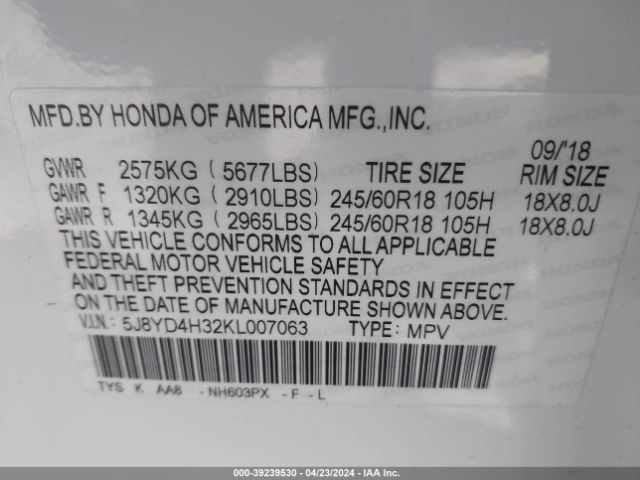 5J8YD4H32KL007063 Acura Mdx Standard