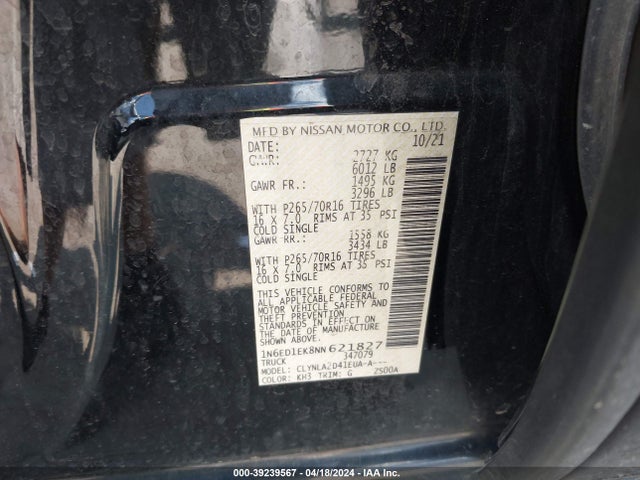 Nissan Frontier S 4x4 2022 1N6ED1EK8NN621827 Image 9
