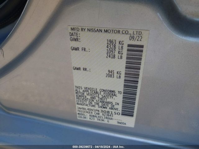 1N4BL4DV1PN308150 Nissan Altima Sv Fwd