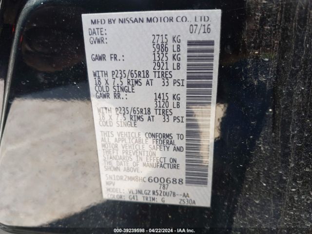 5N1DR2MM8HC600688 Nissan Pathfinder Sl